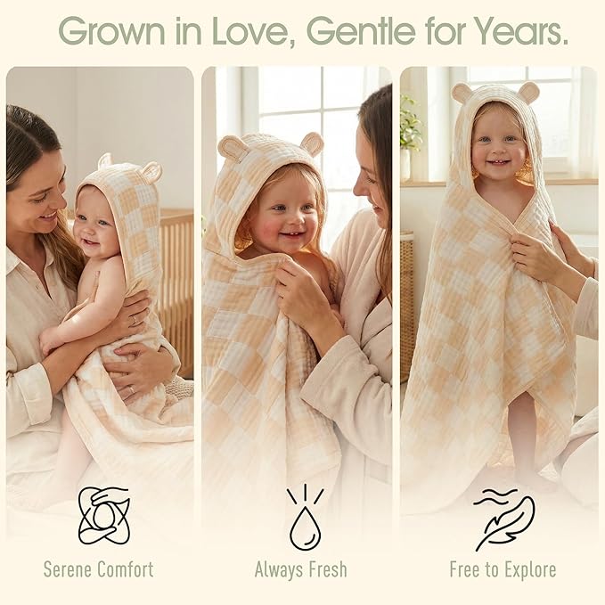 Ultra-Soft Muslin Toddler Hooded Towel - 55 x 28 Inches, Ideal for Bath & Beach, Suitable for Both Boys & Girls from Newborns to Toddlers (Beige Checkered)