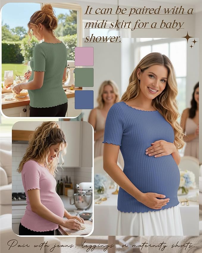 3 Pack Women's Maternity Ribbed Shirts Cotton Short Sleeve Pregnancy Tops Boat Neck Lettuce Trim Mama Clothes