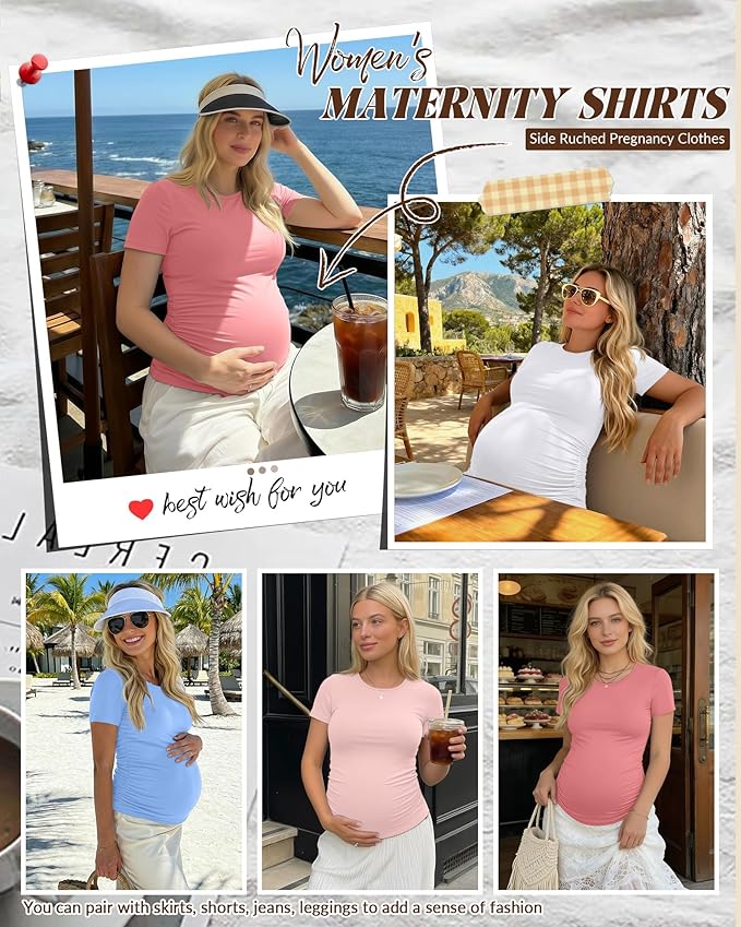 Huukeay 4 Pack Women's Maternity Shirts, Crew Neck Maternity Top Short Sleeve Casual Cotton Tee Side Ruched Pregnancy Clothes