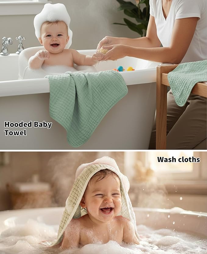 6Pcs Baby Muslin Hooded Bath Towels and Washcloths,32"x 32" Muslin Cotton Hooded Baby Towels for Newborn Shower