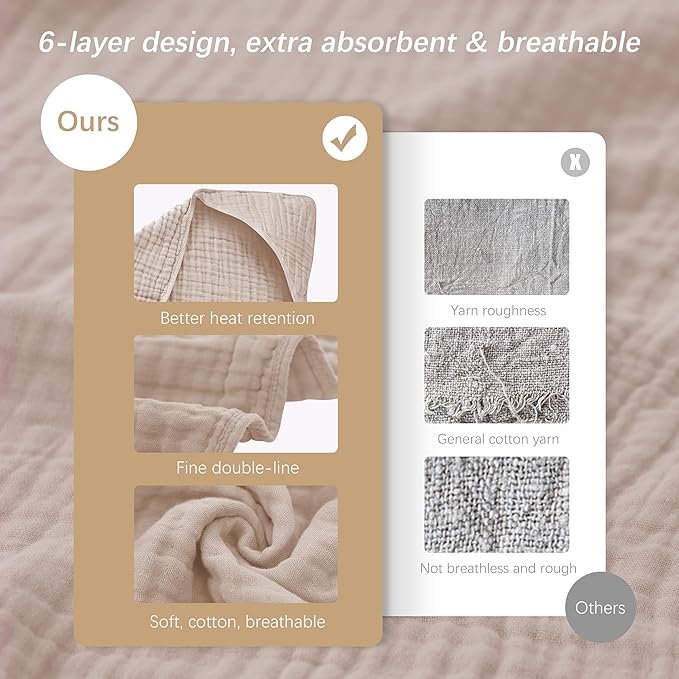 SWEET DOLPHIN Muslin Hooded Baby Bath Towels - 2 Pack 100% Cotton Towel for Babies, Infants, Toddlers - 32x32Inch - Highly Absorbent and Newborn Essential, Ivory and Brown