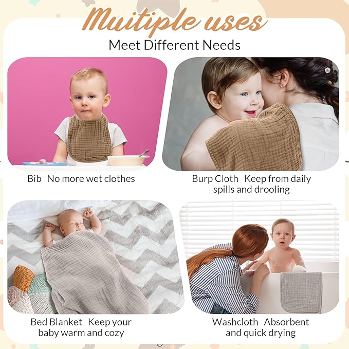 6 Pcs Muslin Hooded Bath Towels Washcloths and Bibs Set, Muslin Cotton Baby Towels Absorbent Hooded Blanket Towel Infant Bibs for Boys Girls Newborn Infant Essential(Brown, Beige)