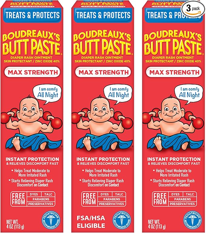 Boudreaux’s Butt Paste Max Strength Diaper Rash Cream for Baby, Ointment With Zinc Oxide, 4 oz Tubes, 3 Pack
