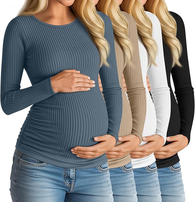 Huukeay 4 Pack Women's Maternity Shirts, Long Sleeve Cotton Ribbed Pregnancy Tops Side Ruched Crew Neck Casual Mama Clothes