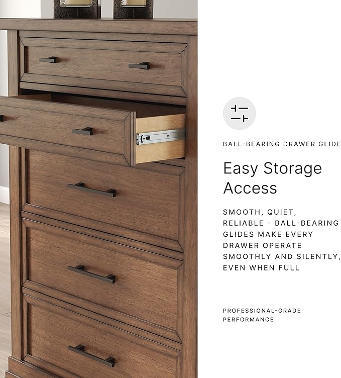 Signature Design by Ashley Taffenbrook Farmhouse 5-Drawer Chest with Felt-Lined Top Drawer and Easy Glide for Bedroom, Dark Brown