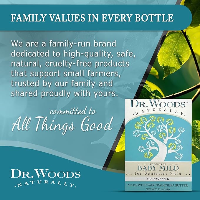 Dr. Woods Unscented Baby Mild Bar Soap with Organic Shea Butter - Made with Natural Oils, Fragrance Free Castile Bar Soap for Sensitive Skin - 5.25 Oz Bar (Pack of 3)