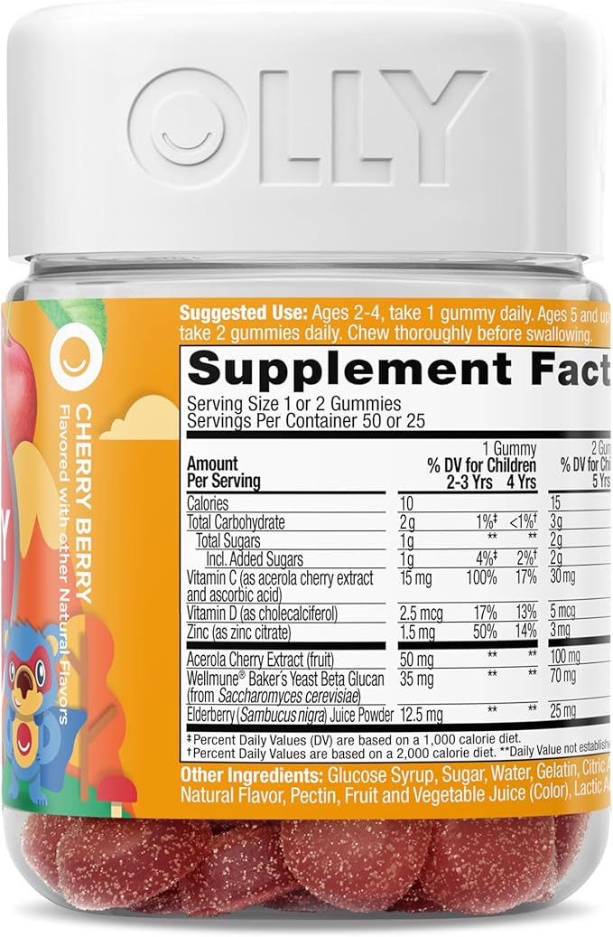 OLLY Kids Immunity Gummy, Immune Support, Wellmune, Elderberry, Vitamin C, Zinc, Chewable Supplement, Cherry - 50 Count