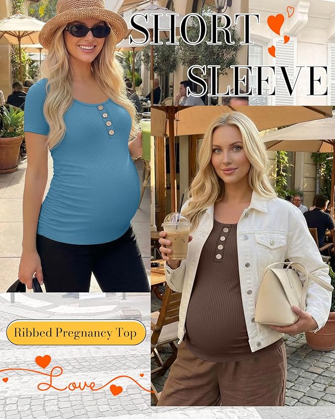 4 Pack Womens Maternity Shirts Scoop Neck Cotton Short Sleeve Ribbed Pregnancy Top Henley Side Ruched Mama Clothes