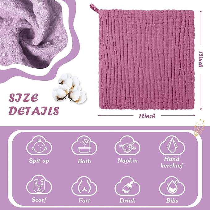 8 Pcs Baby Washcloths for Newborn 12 x 12 Inch Muslin Face Towels Cotton Absorbent for Delicate Skin Soft Muslin Cloth Reusable Baby Registry as Shower Gift, 4 Colors(Purple Color)