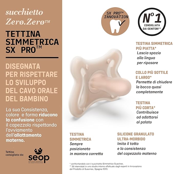 Suavinex Zero Zero Silicone Baby Pacifier w/SX Pro Physiological Pacifier Nipple (0-6M), 2Pk, Medium