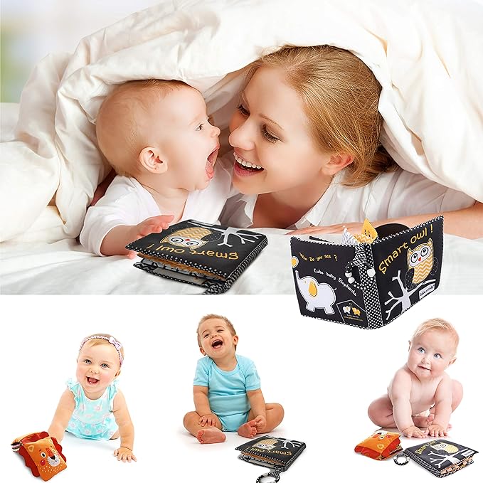 Touch and Feel Cloth Crinkle Books for Babies Infant, Baby Books Toys 0-3-6-12 Months, Christmas Shower Baby Gifts, High Contrast Toy,Teething Teethers, Tummy Time Mirror Toys for Boys and Girls-Owl