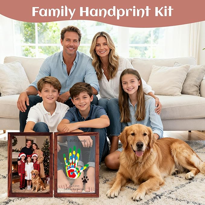 Family Handprint Kit, DIY Baby Hand and Footprint Handmade Keepsake Wooden Frame, Family Gifts with 6 Non-Toxic Baby-Safe Paint, Ideas Gift for New Parents, Grandparents, Father's Day, Mother's Day