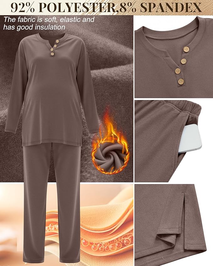 2 Piece Thermal Maternity Lounge Set Postpartum Pregnancy Fleece Loungewear Long Sleeve Top and Wide Leg Pant
