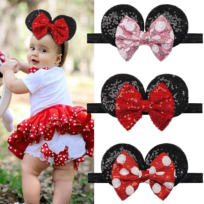 3 PCS Mouse Ears Sequin Bow Nylon Hairband with Polka Dot Cute Baby Headbands Soft Hairbands Hair Accessories for Newborn Infant Toddler