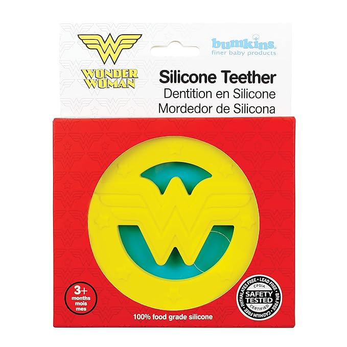 Bumkins Baby Teething Freezer Toy Keys Rings, Soft Flexible Silicone Pacifier, Safe to Chew, Cool Gum Relief, Essentials for Babies 3 Months, Freezable, Sensory Textured, Wonder Woman DC Comics