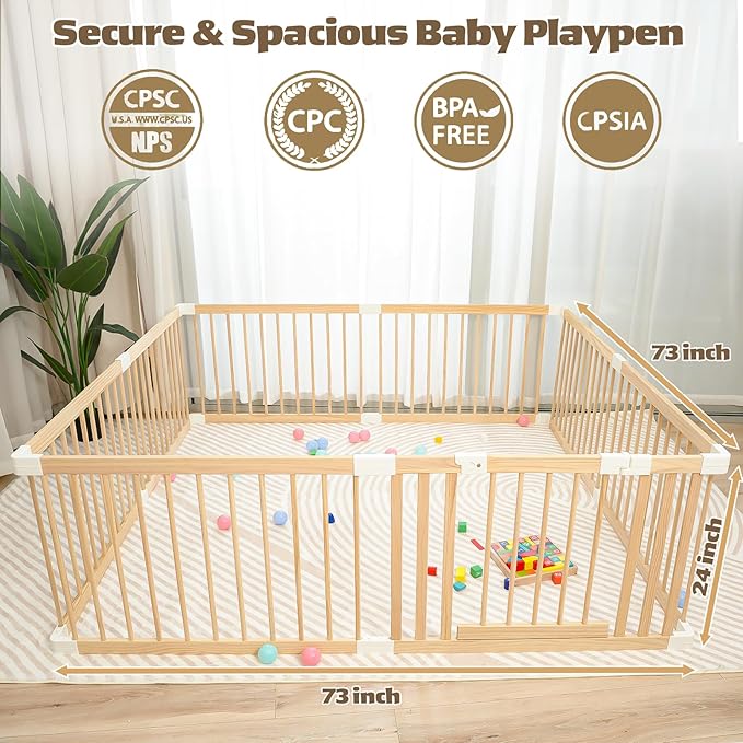 Extra Large Wooden Baby Playpen,Play Pen for Babies and Toddlers Kids Indoor,Security Playard Area Indoor,Easy to Assemble (73x73x24 Inch)