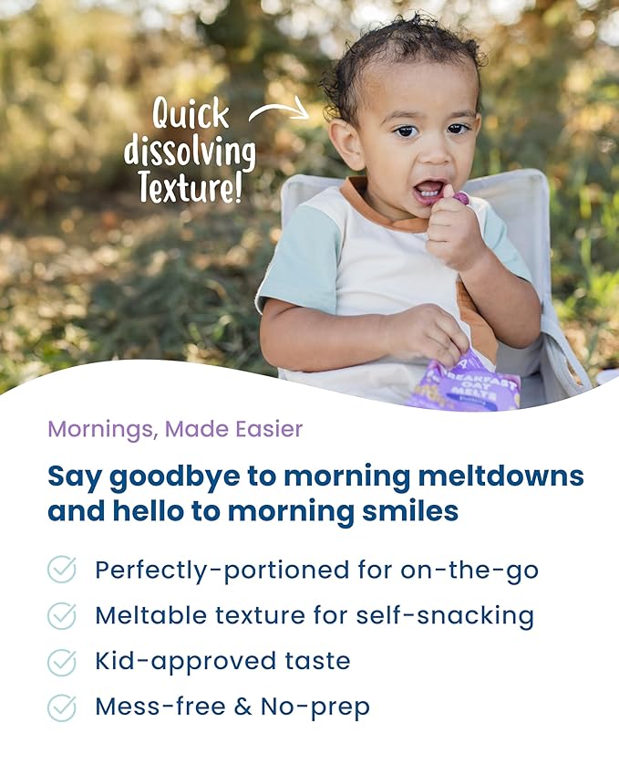 Amara Breakfast Oat Melts - Organic Toddler Snack - Single Serve Fiber-Packed Oat Bites with Real Fruit, No Added Sugar, Quick Dissolving, Blueberry - 12 Pack
