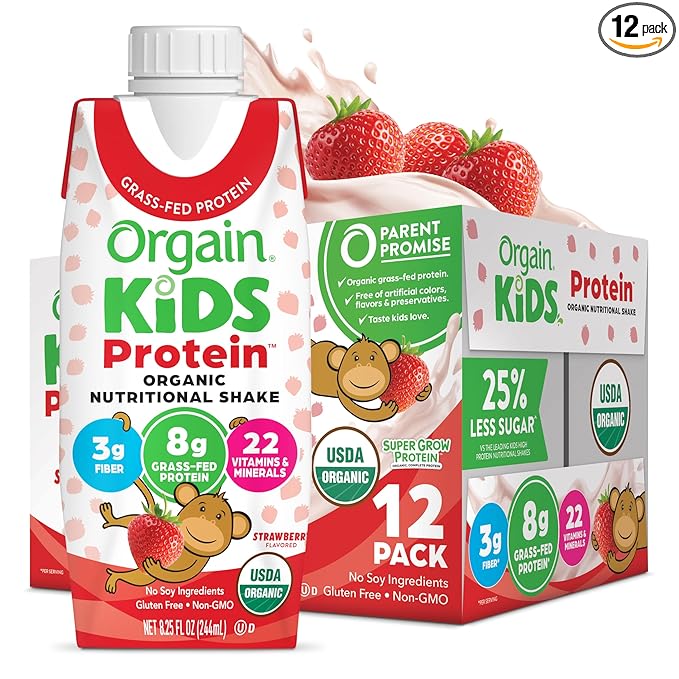 Orgain Organic Kids Nutritional Protein Shake, Strawberry, Healthy Kids Snacks, 8g Dairy Protein, 3g of Fiber, 22 Vitamins & Minerals, No Soy ingredients, Gluten Free, Non-GMO, 8.25 Fl Oz (Pack of 12)