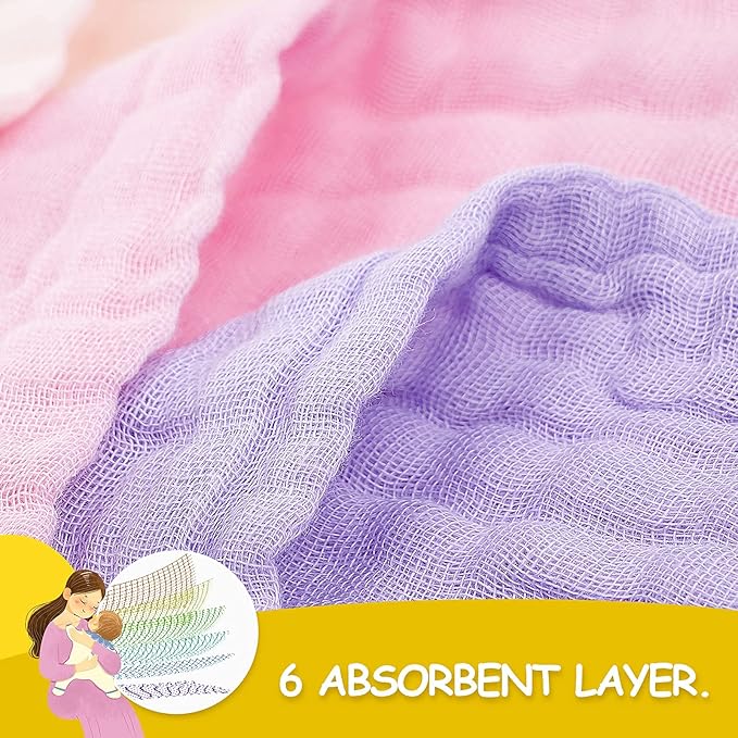 MUKIN Baby Muslin Washcloths, Natural Cotton, Soft Newborn Face Towel, 5 Pack, 12 x 12 inches (White,Pink,Yellow,Purple)