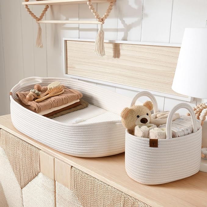 Baby Changing Basket Includes Diaper Caddy - Soft & Waterproof Dual-Cover, Portable, Changing Pad for Dresser & Changing Table, Gift for Baby Shower, Organic Cotton Rope