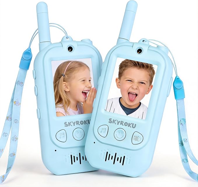 SKYROKU 2nd-Gen Video Walkie Talkies for Kids, 2000ft Long Range Rechargeable Walky Talkies, AI Virtual Costumes & Voice Changer, Outdoor Camping Toys Gift for Boys Girls Ages 3-12 (Blue&Blue)