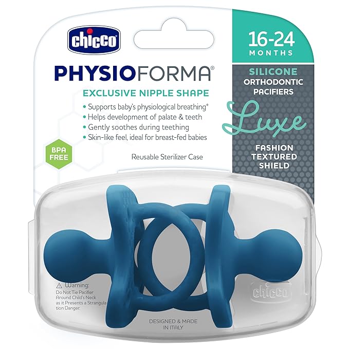 Chicco PhysioForma Luxe Orthodontic Pacifier, 16-24m | 100% Soft Silicone | Supports Breathing & Oral Development | Textured Shield & Handle | Includes Sterilizing Case | BPA Free | Ocean Blue, 2pk