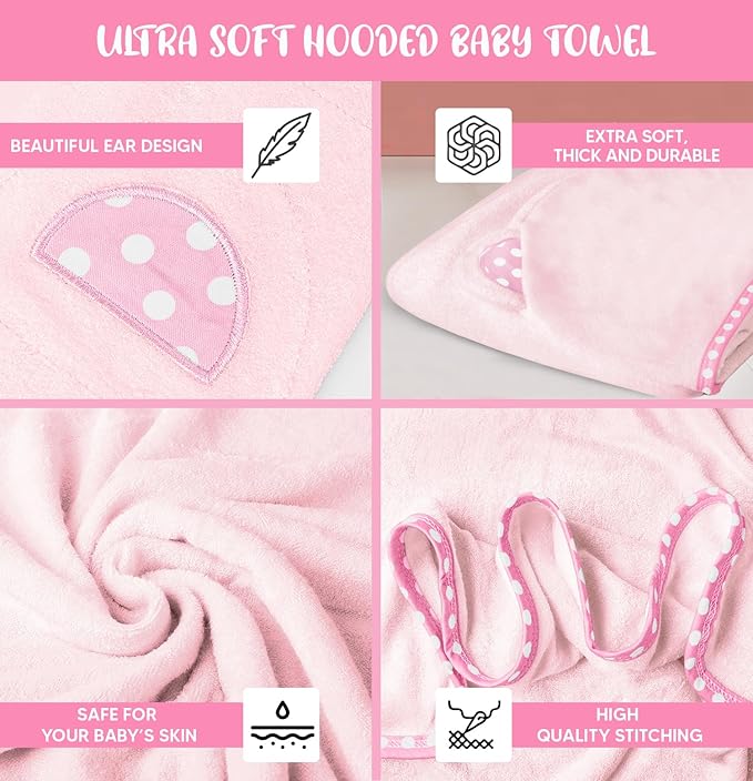 Set of 2 Hooded Baby Towels – Pink and Grey – Luxurious, Large and Super Absorbent – 30 x 30 Inch – Soft and Suitable for Infants, Toddlers and Kids – 400 GSM