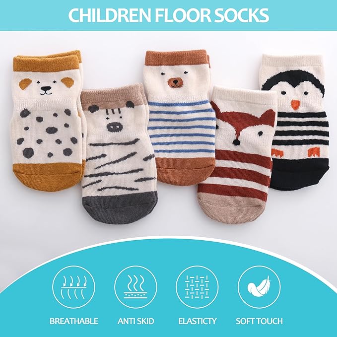 TRUEHAN 5 Pairs Toddler Non Slip Socks with Grips Baby Socks for Kids Girls Boys