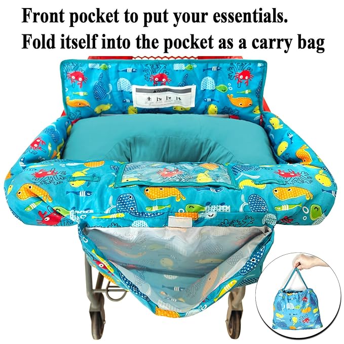 Love&go Soft Pillow Attached 2-in-1 Shopping Cart and High Chair Cover for Baby~Padded~Fold'n Roll Style~Portable with Free Carry Bag (Blue Seaworld)