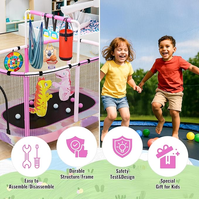 LAMERGE 55" 7-in-1 Round Trampoline for Kids Boys & Girls Ages 1-8, Indoor & Outdoor Trampoline for Fun, Adjustable Height Handrail ＆ Enclosed Safety Net ＆ Durable Designs for Toddlers Children