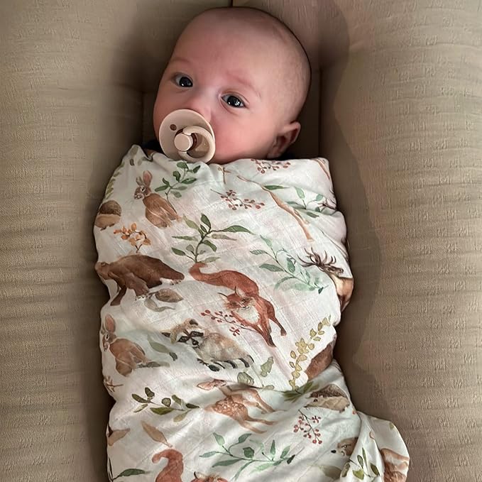 LifeTree Muslin Swaddle Blankets, Woodland Baby Swaddling Wrap Nursery Receiving Blanket for Boys & Girls Unisex, Soft 70% Viscose from Bamboo and 30% Cotton, Large 47 x 47 inches