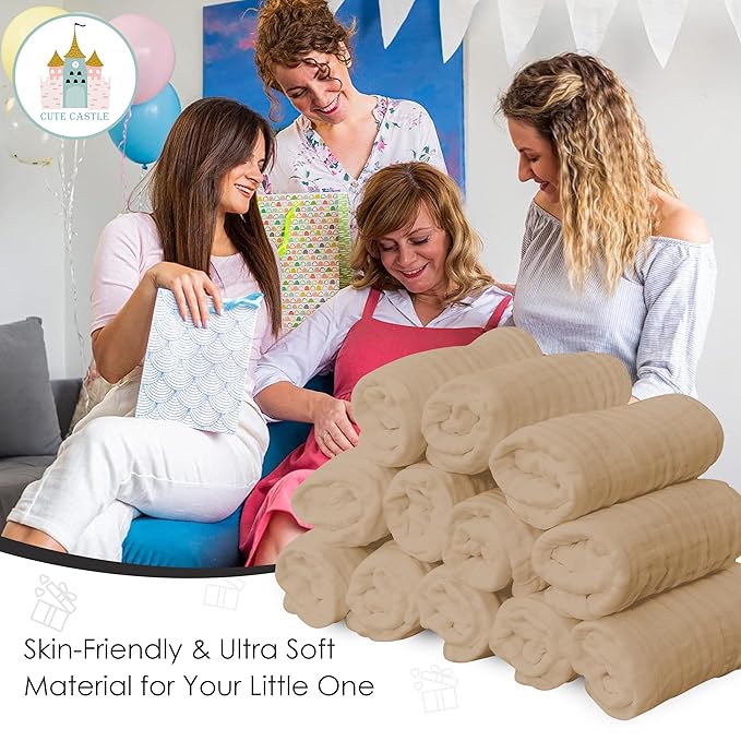 Cute Castle 12 Pack Muslin Baby Washcloths - Large 12'' by 12'' - Ultra Soft 100% Cotton - Super Absorbent Burp Cloths for Unisex, Boy, Girl -Brown