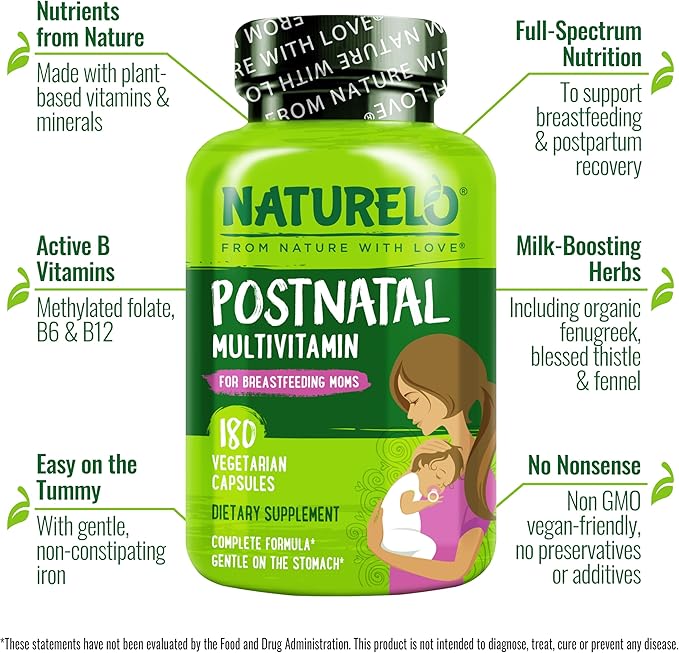NATURELO Postnatal Multivitamin - Supplement for Breastfeeding Women - Plant-Based Vitamin D, Folate, Gentle Iron - for Nursing Mother, Baby - Post Natal Lactation Support - 180 Count (Pack of 2)