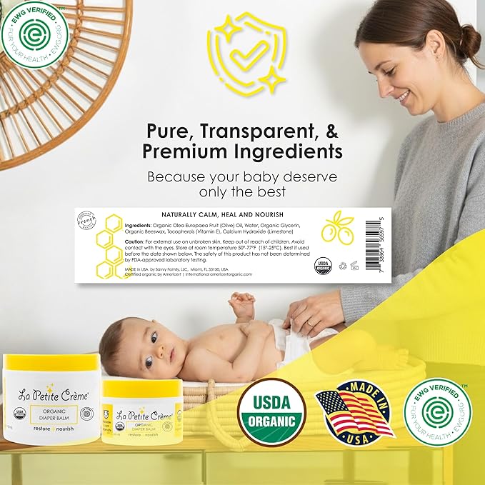 La Petite Creme French Organic Diaper Balm (1 oz) - Healing & Nourishing Diaper Cream - Gentle & Safe Liniment Baby Lotion - USDA Certified Organic - Baby Essentials for Newborn