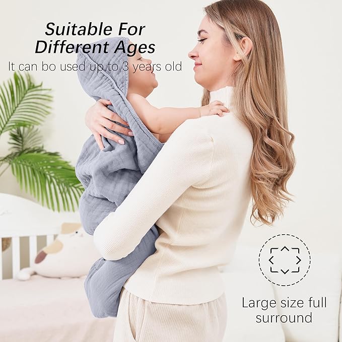 SWEET DOLPHIN Muslin Hooded Baby Bath Towels - 2 Pack 100% Cotton Towel for Babies, Infants, Toddlers - 32x32Inch - Highly Absorbent and Newborn Essential, Grey