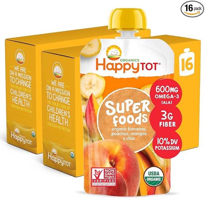 HAPPYTOT Organics Stage 4 Baby Food Pouches, Gluten Free, Vegan Snack, SuperFoods Fruit & Veggie Puree, Bananas, Peaches, Mangos & Chia, 4.22 Ounce (Pack of 16)