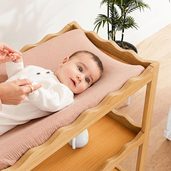 Baby Changing Table, Portable Changing Table, Compact and Lightweight, Solid New Zealand Pinewood, Two Storage Wave-Shaped Shelves, Nursery Organizer, Natural Wood