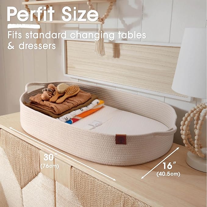 Baby Changing Basket Includes Diaper Caddy - Soft & Waterproof Dual-Cover, Portable, Changing Pad for Dresser & Changing Table, Gift for Baby Shower, Organic Cotton Rope
