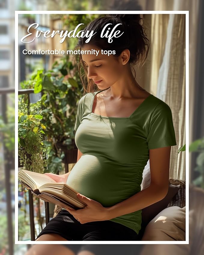 4 Pack Women's Maternity Shirts Cotton Square Neck Pregnancy Tops Side Ruched Summer Short Sleeve Tees Multipack