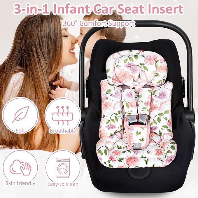Infant Car Seat Insert with Removable Cushion for Baby Girls, Reversible Newborn Carseat Insert for Baby Head Body Support, Fits for Stroller, Baby Swing, Bouncer (Pink Bow)