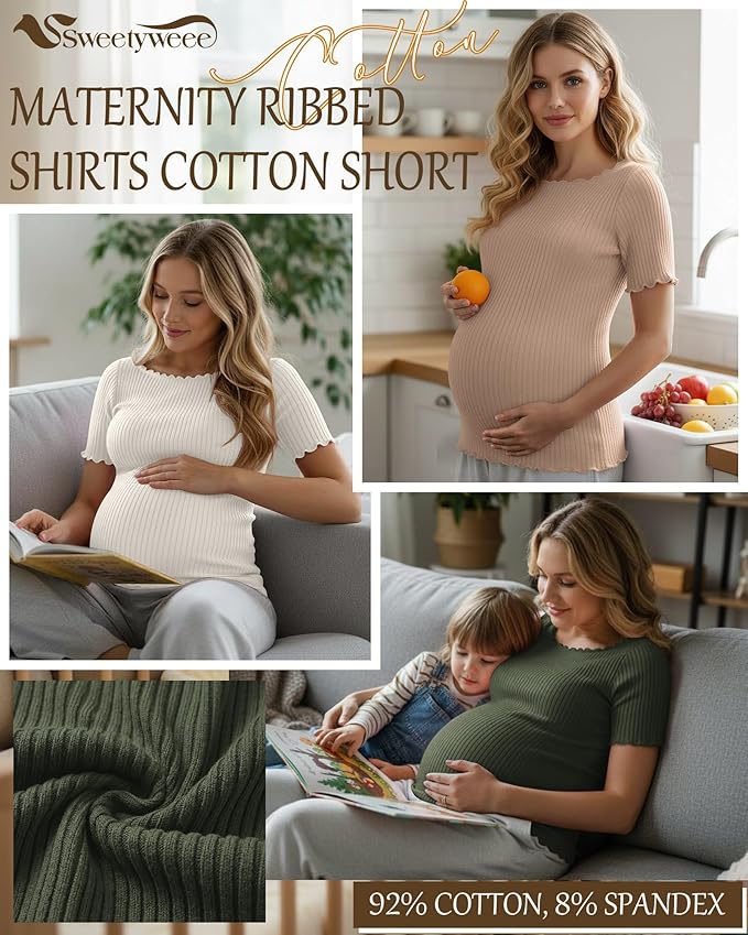 3 Pack Women's Maternity Ribbed Shirts Cotton Short Sleeve Pregnancy Tops Boat Neck Lettuce Trim Mama Clothes