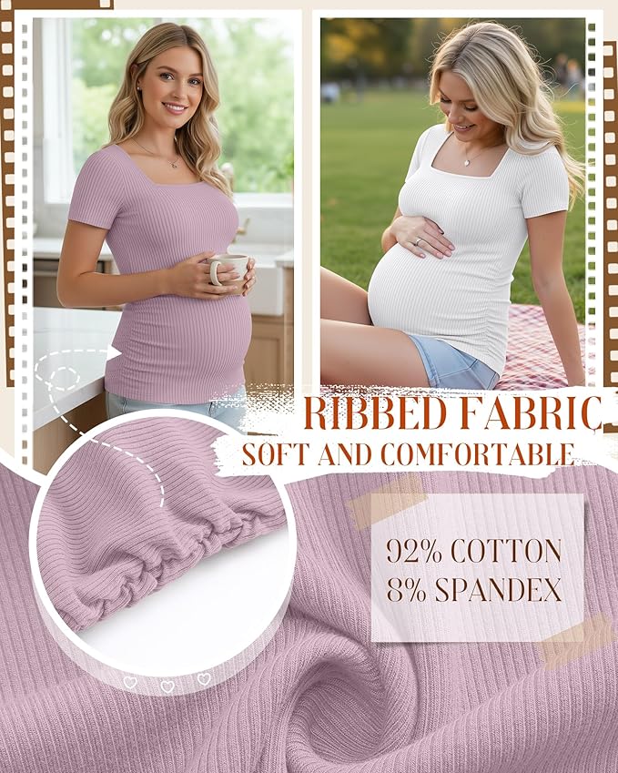 Huukeay 4 Pack Women's Maternity Shirts Cotton Ribbed Short Sleeve Square Neck Pregnancy Tops Side Ruched Summer Tee