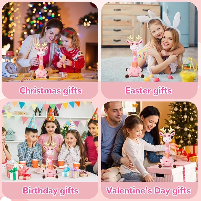 MILGEI Dancing Talking Giraffe Toy, Singing Musical Tummy Time Baby Toy with Volume Adjustment, 10 Children's Songs Light Up Toys, Repeating What You Say, Pink Giraffe Stuffed Animal for Girls Boys