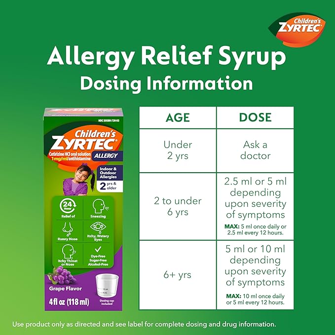 Zyrtec Children’s 24-Hour Allergy Relief Syrup, 5 mg Cetirizine Hydrochloride Antihistamine, Kids Allergy Medicine for Indoor/Outdoor Allergies & Hay Fever, Dye-, Alcohol- & Sugar-Free, Grape, 8 fl oz