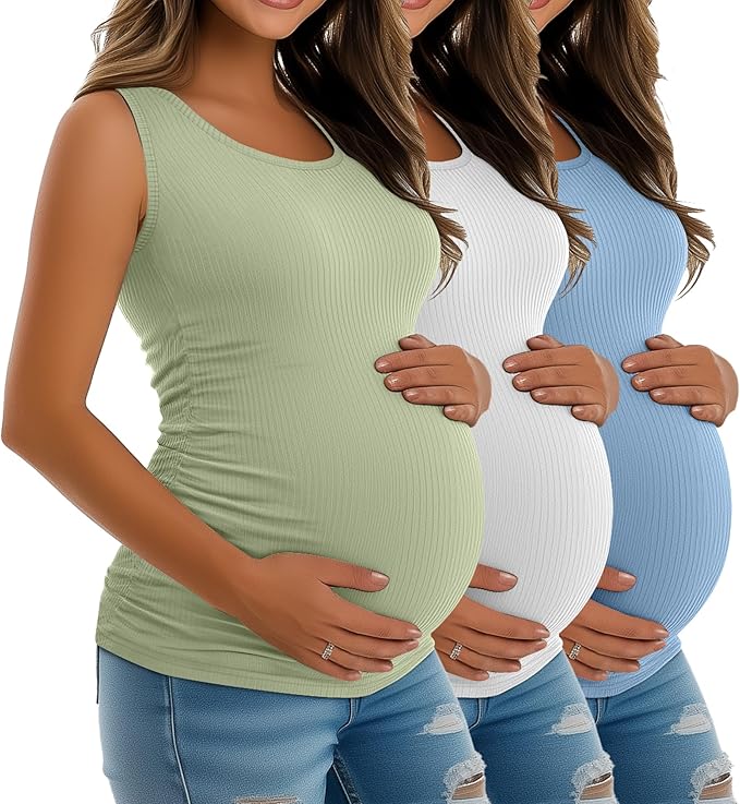 Riyiper 3 Pack Women's Maternity Tank Tops, Sleeveless Cotton Pregnancy Shirts Ribbed Knit Sides Ruched Basic Mama Clothes