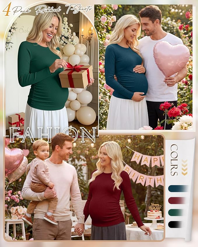 Ficerd 4 Pack Women's Maternity Shirts Cotton Long Sleeve Ribbed Crew Neck Pregnancy Tops Side Ruched Casual Mama Clothes