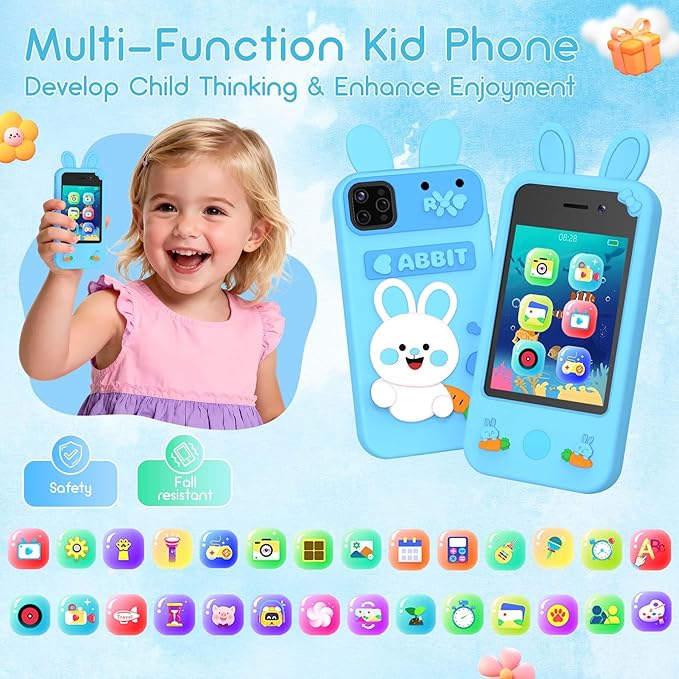 Kids Smart Phone Toy - Toddler Cell Phone 2.8" Touchscreen Dual Camera with 20 Puzzle Games, Safe No WiFi for Kids 3-6, Educational Play Phone, Durable for 5 Year Old Boys Girls (Blue)