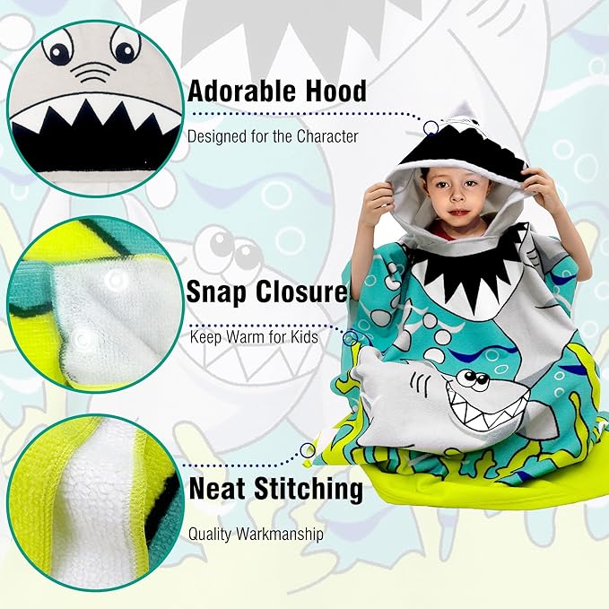 Hooded Kids Beach Towels - Toddler Bath Towel Girls Boys Swim Cover-ups for Ages 4 to 10 Kids Pool Towels Quick Dry Lightweight Soft Microfiber Poncho 30x30(Blue Sharks)