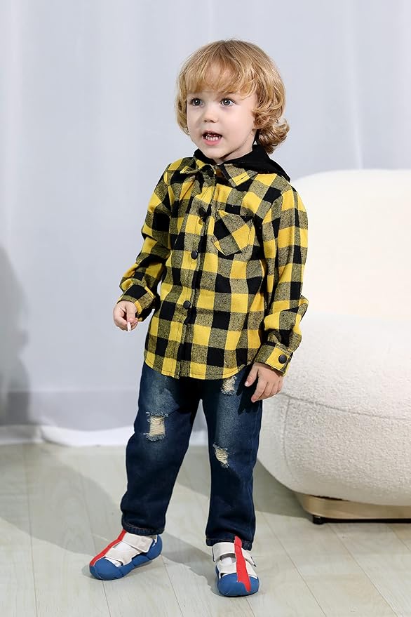 YOUNGER STAR Toddler Kids Boys Girls Flannel Hooded Plaid Shirt Button Baby Red Clothes