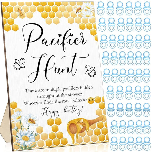 Roowest 51 Pcs Pacifier Hunt Baby Shower Games Include Wooden Hunt Sign and 50 Acrylic Mini Plastic Pacifiers for Baby Shower Game Decoration Gift Sets Gender Reveal Party Supplies